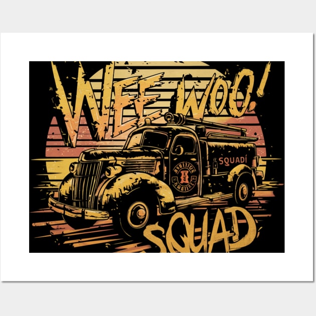 Wee Woo Squad Fire Truck Firefighter Vintage Wall Art by woormle